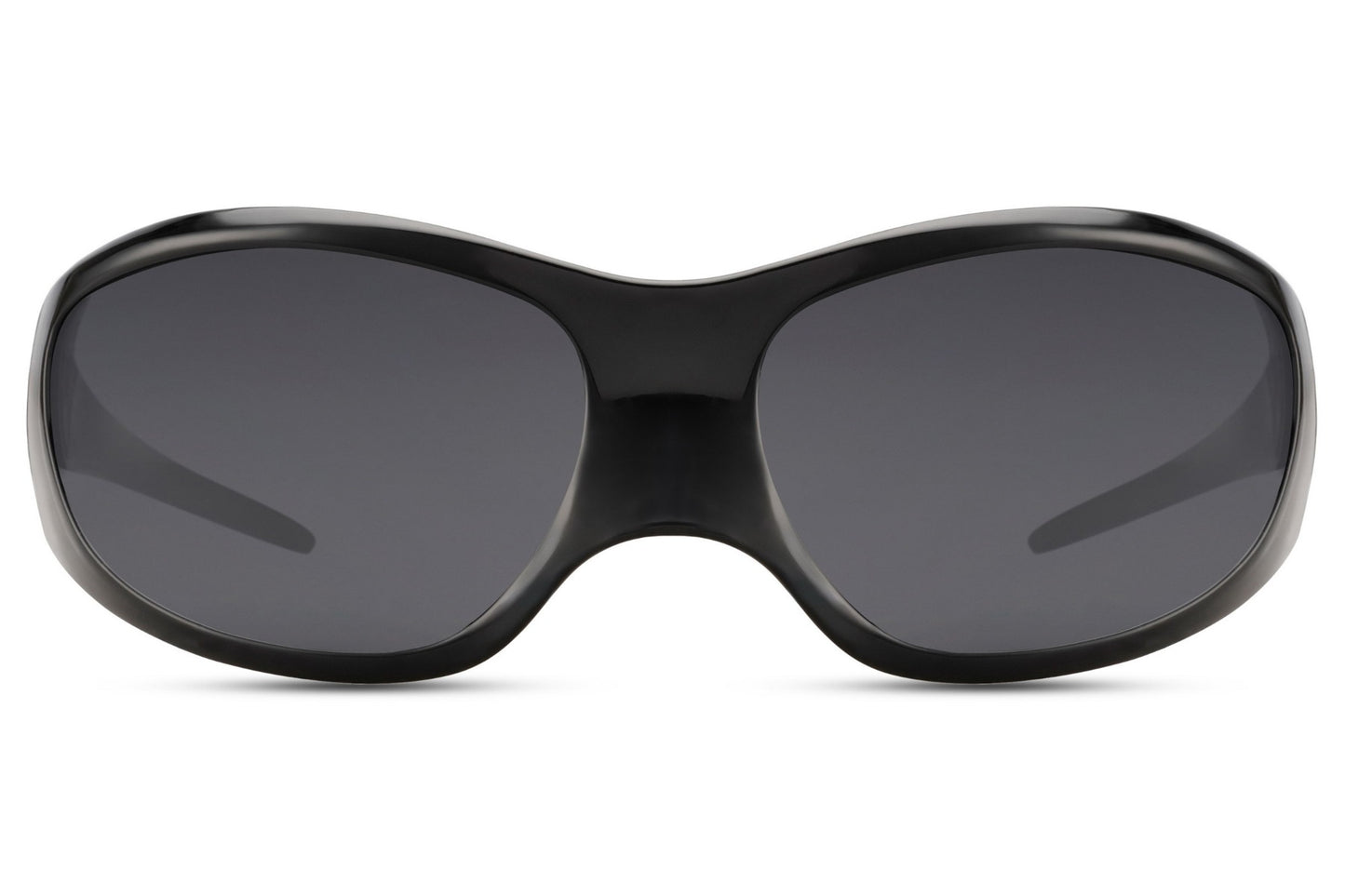 Oversized hurtigbriller, der dækker næsten hele ansigtet - sort stel og grå glas set fra fronten