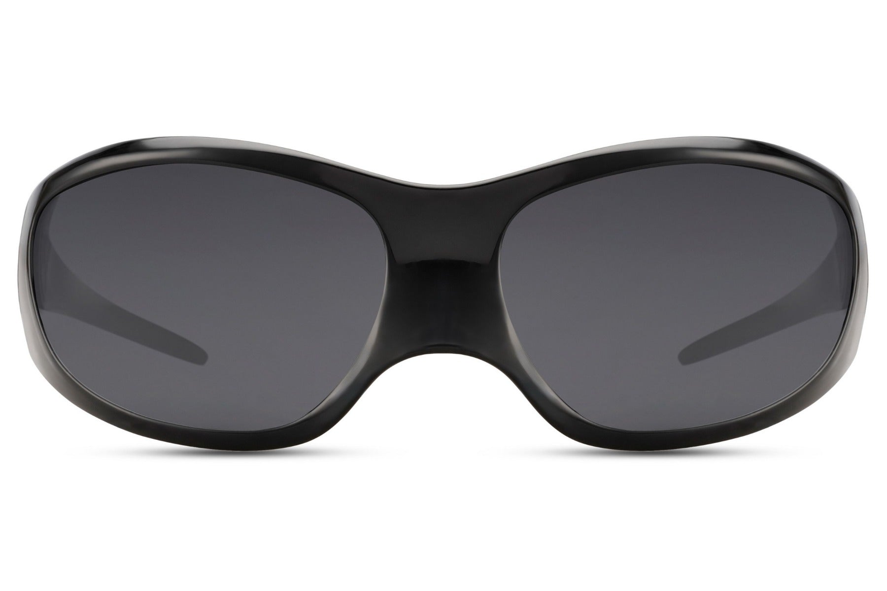 Oversized hurtigbriller, der dækker næsten hele ansigtet - sort stel og grå glas set fra fronten