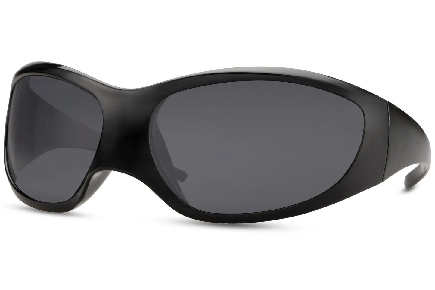 Oversized hurtigbriller, der dækker næsten hele ansigtet - sort stel og grå glas set fra siden