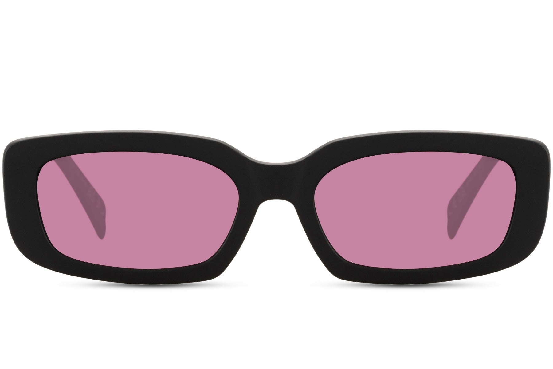 Hurtigbriller med pink glas og rektangulært sort stel set fra fronten