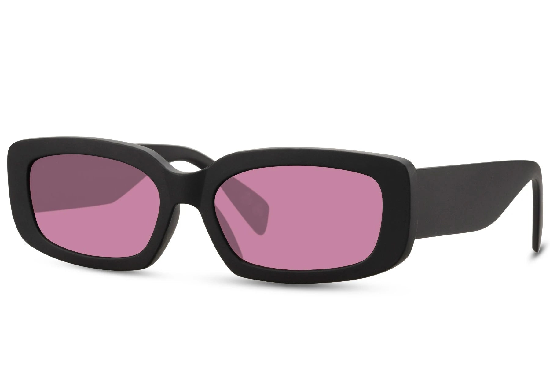 Hurtigbriller med pink glas og rektangulært sort stel set fra siden