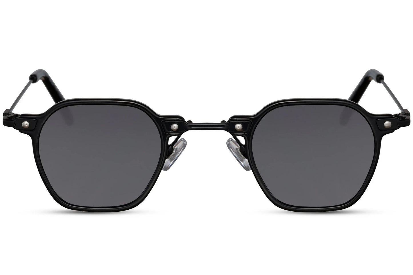 Runde professor hurtig briller med lang bro og sort stel set fra fronten