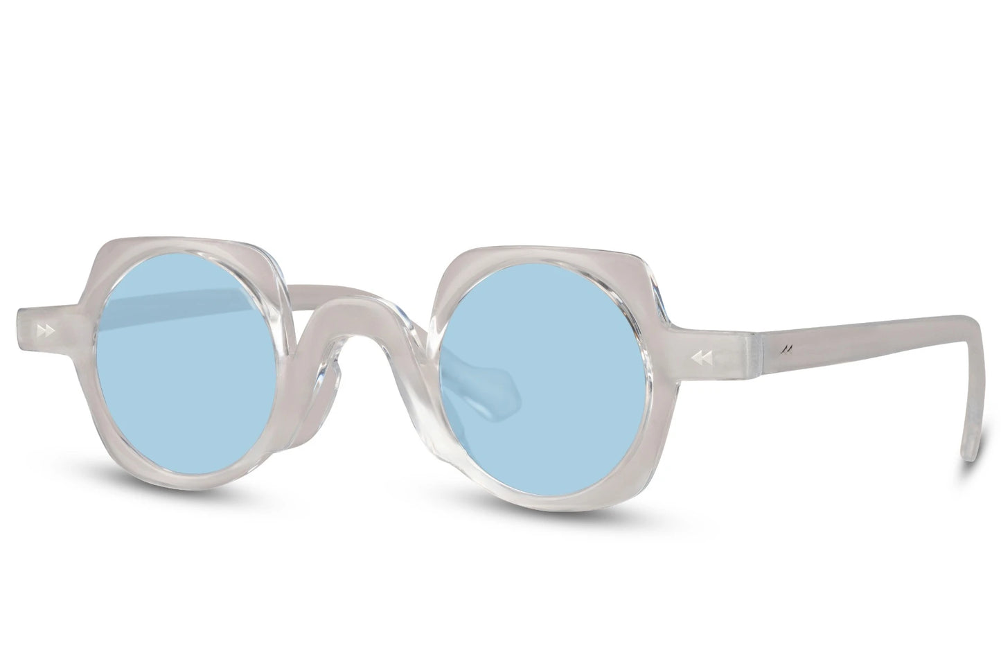 Runde hurtigbriller med firkantet stel i blå set fra siden