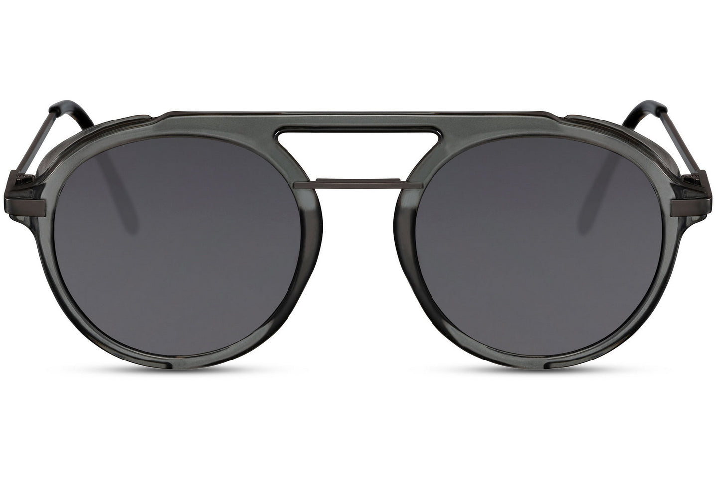 Runde hurtigbriller i laboratorie stil med grå glas og stel set fra fronten