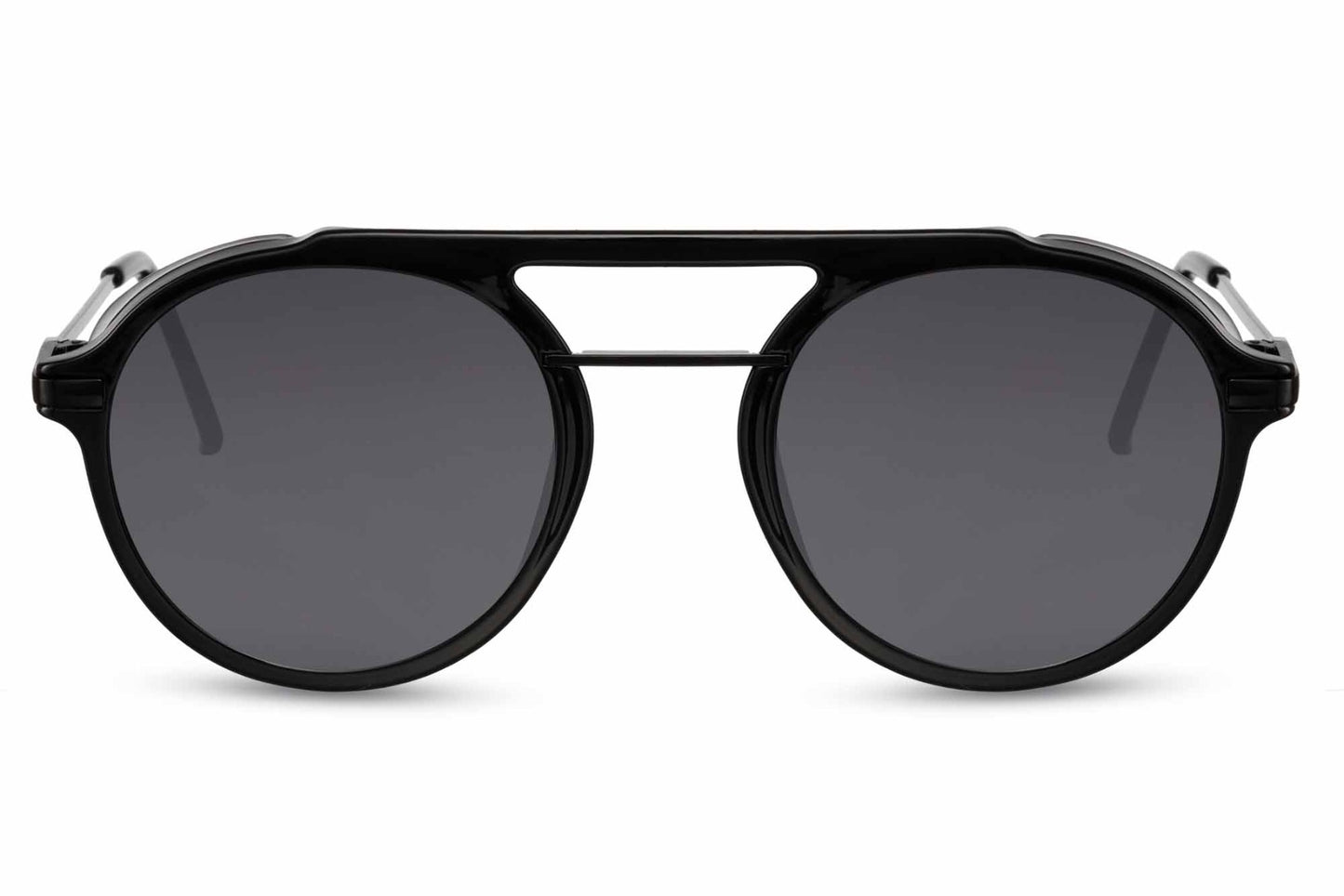 Runde hurtigbriller i laboratorie stil med sorte glas og stel set fra fronten