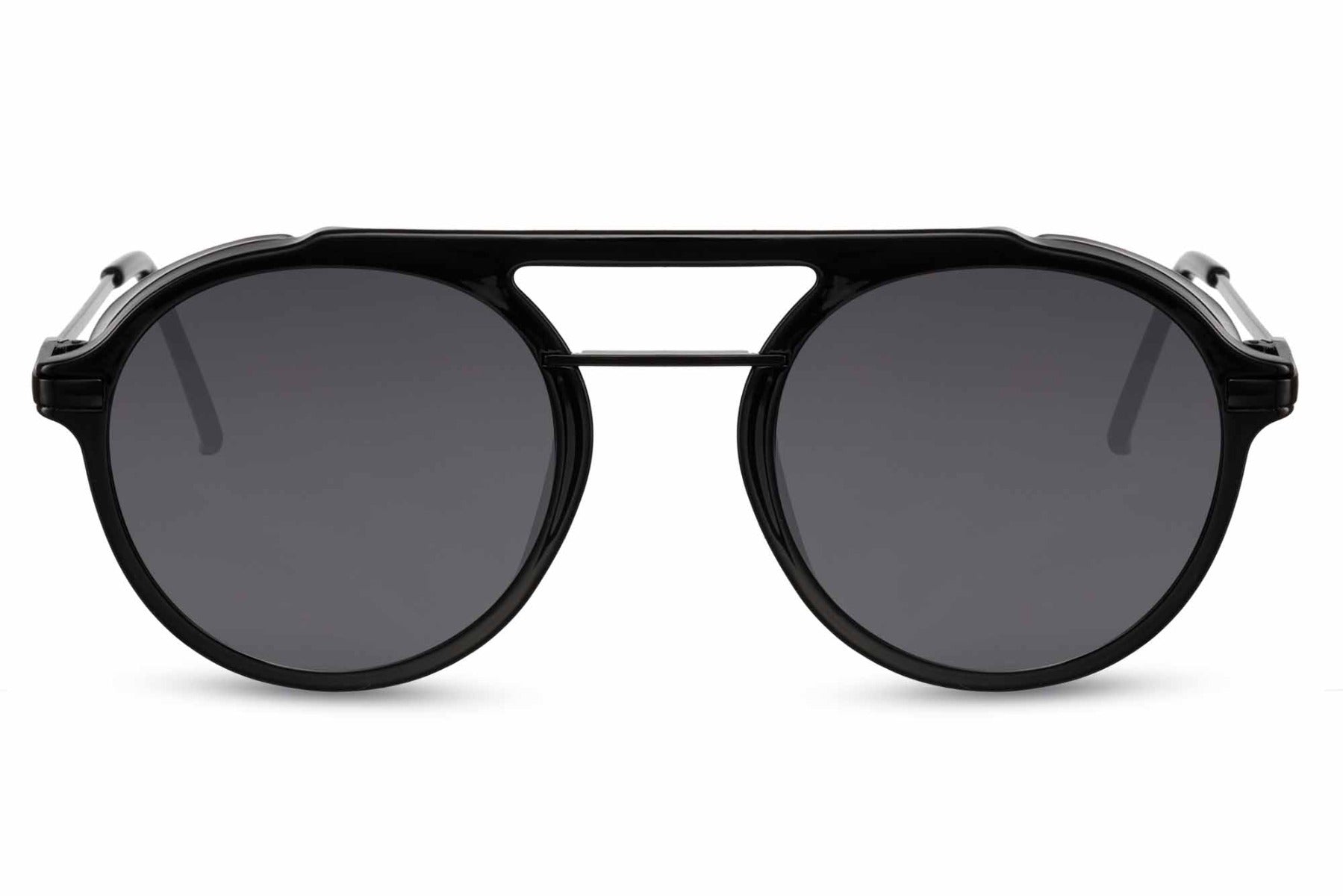 Runde hurtigbriller i laboratorie stil med sorte glas og stel set fra fronten