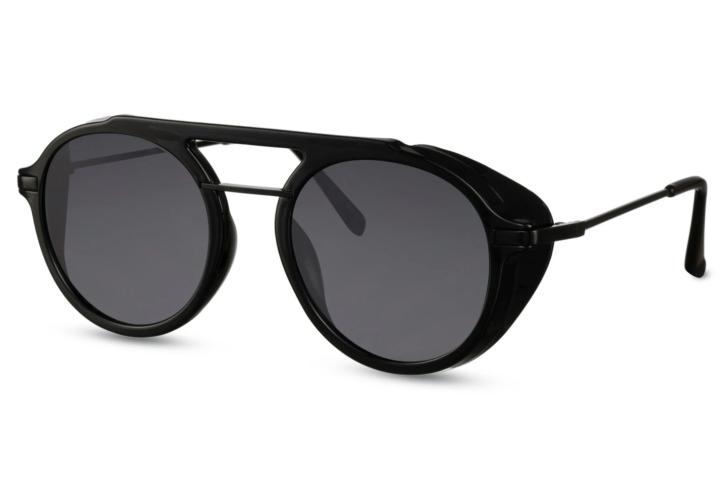 Runde hurtigbriller i laboratorie stil med sorte glas og stel set fra siden