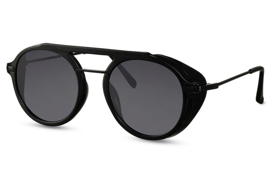 Runde hurtigbriller i laboratorie stil med sorte glas og stel set fra siden