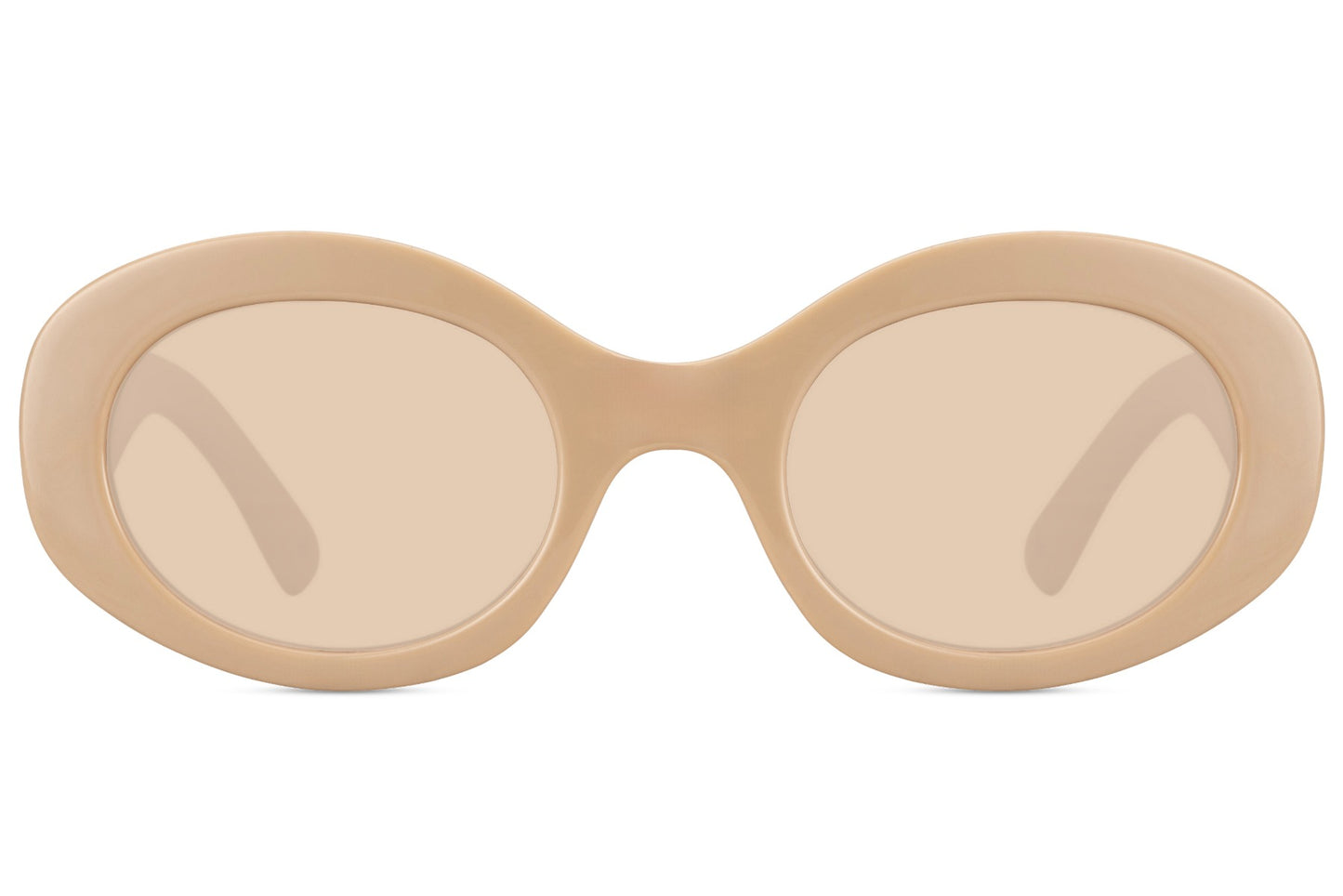 Runde hurtige solbriller med beige glas og stel set fra fronten