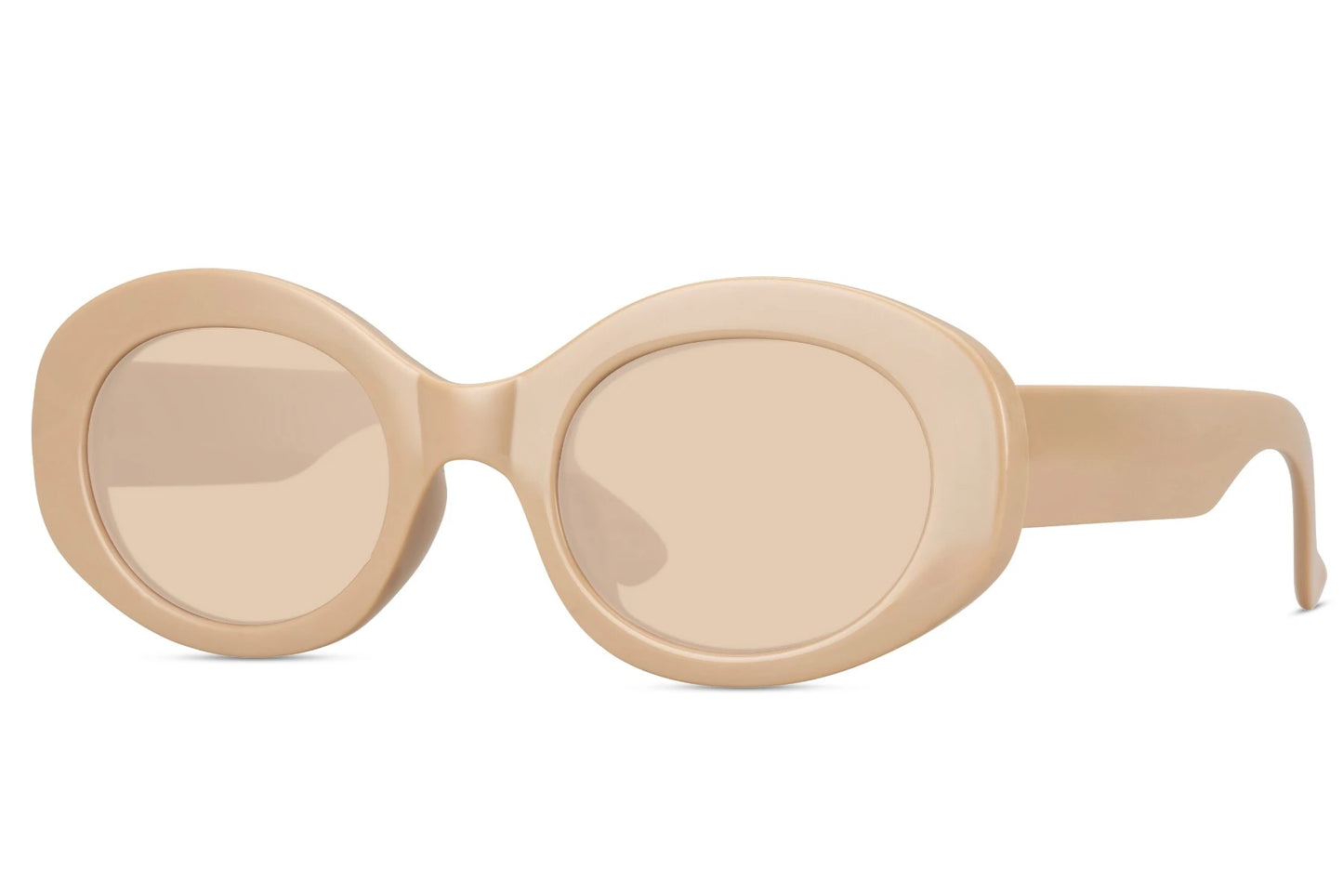 Runde hurtige solbriller med beige glas og stel set fra siden