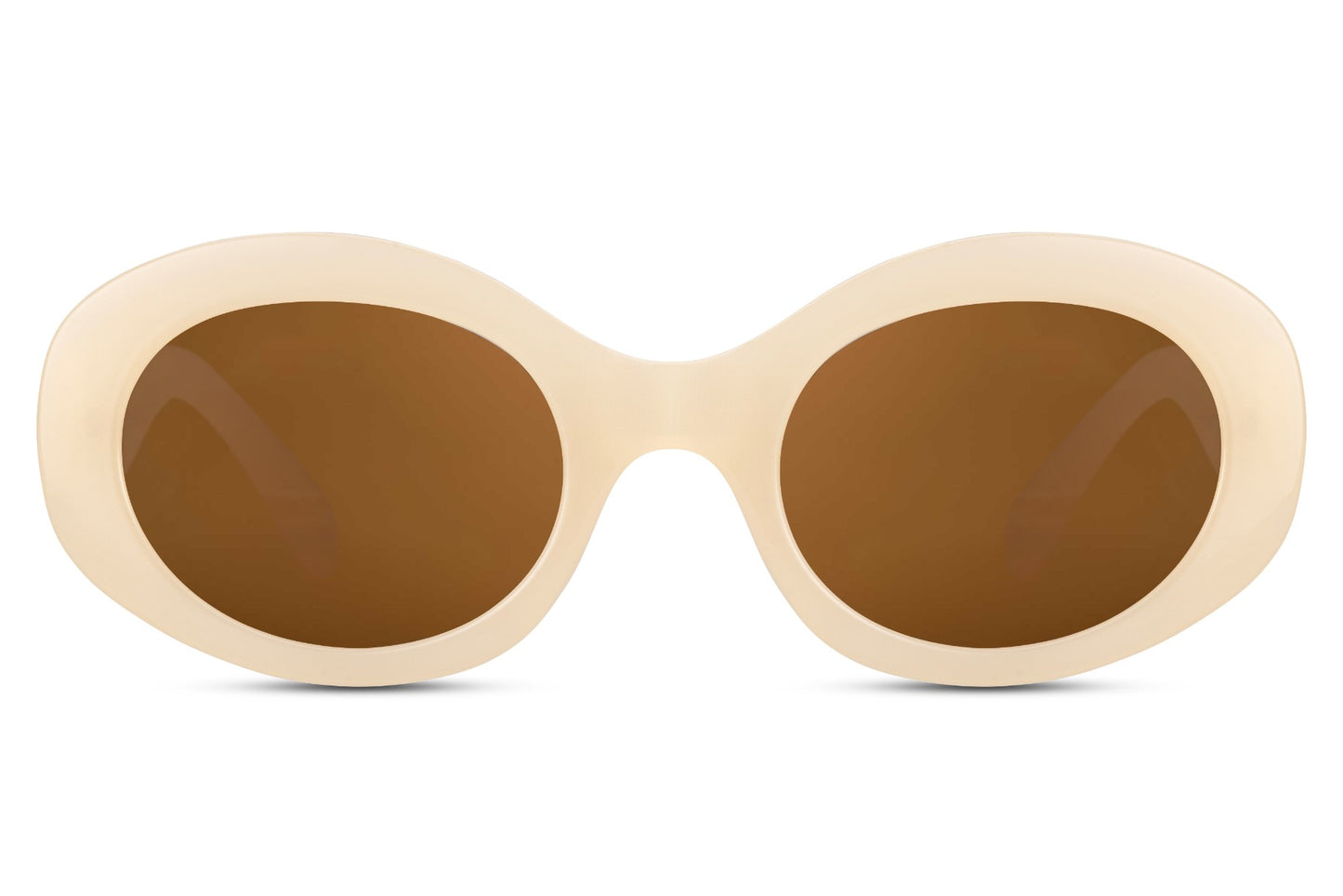 Runde hurtige solbriller med brune glas og beige stel set fra fronten