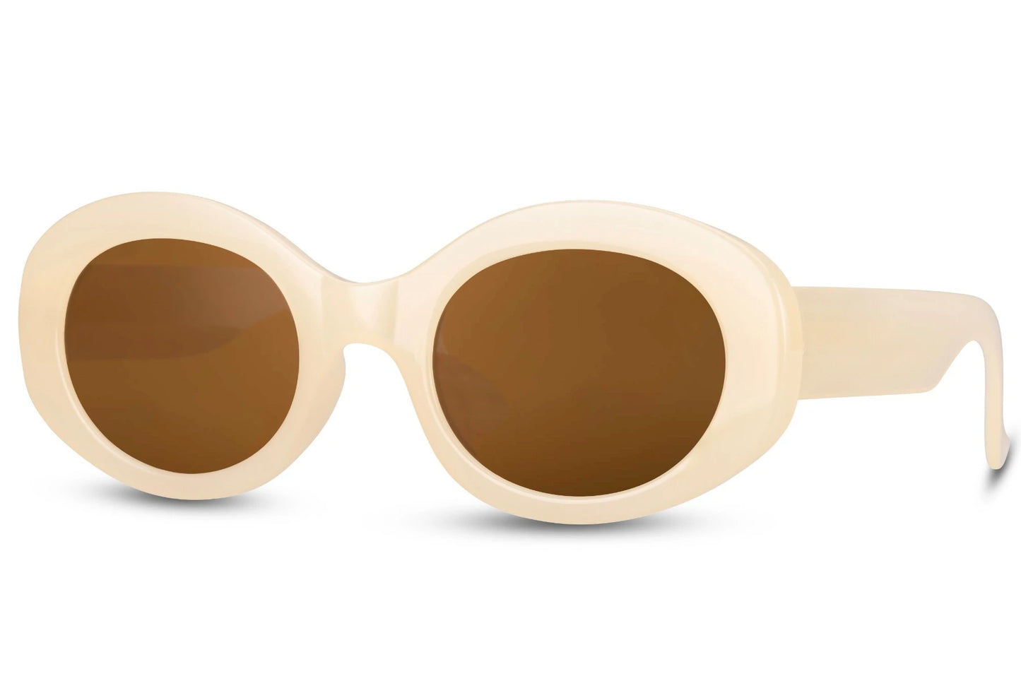 Runde hurtige solbriller med brune glas og beige stel set fra siden