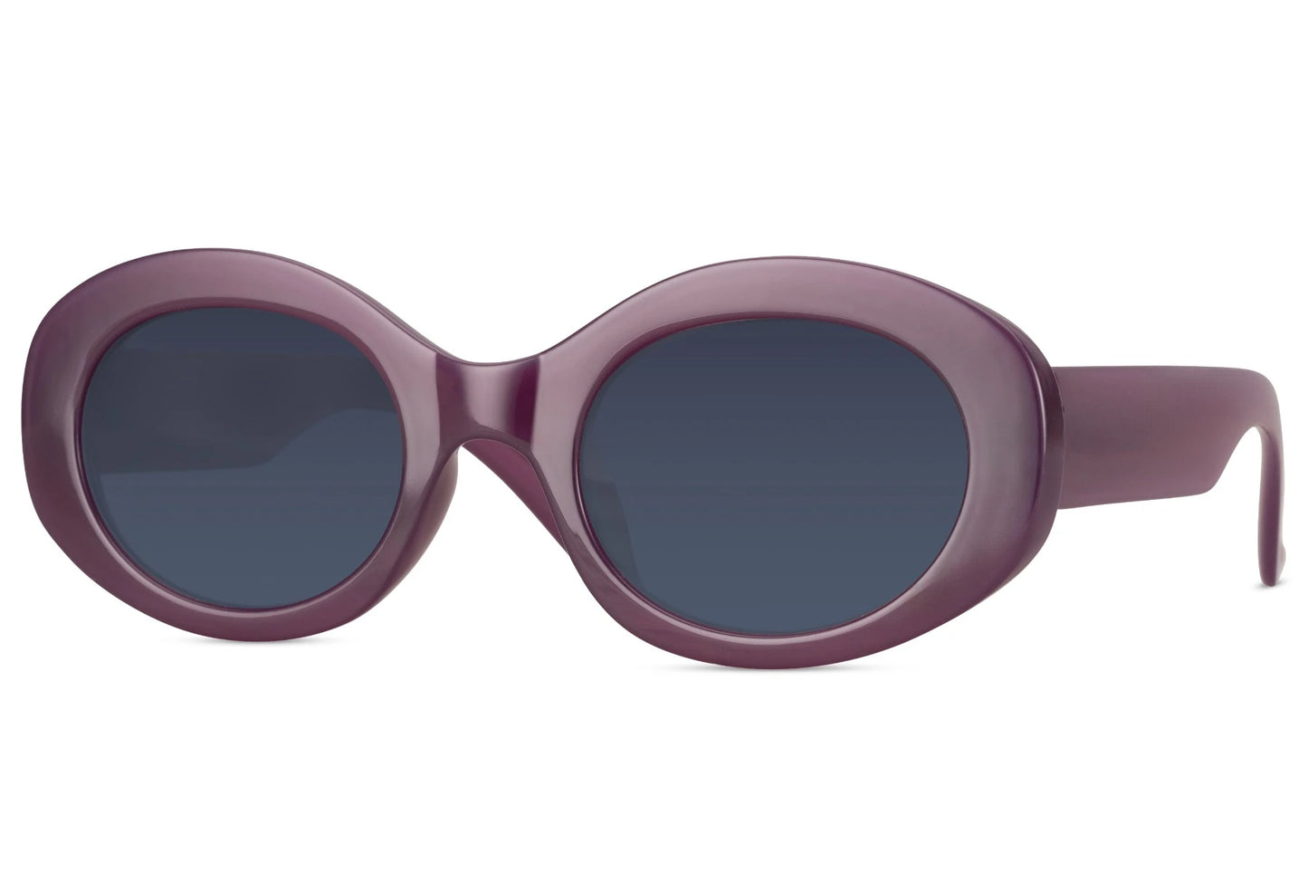 Runde hurtige solbriller med lilla glas og stel set fra siden