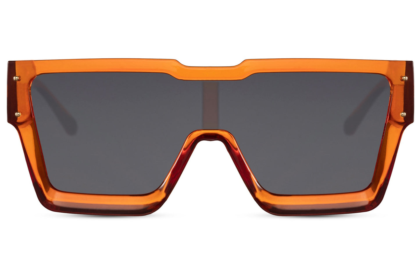 Shield solbriller med ét glas og orange stel set fra fronten