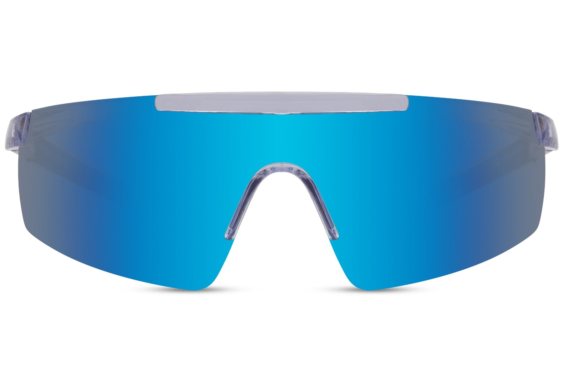 Simple cykelbriller i blå glas og grå stel set fra fronten