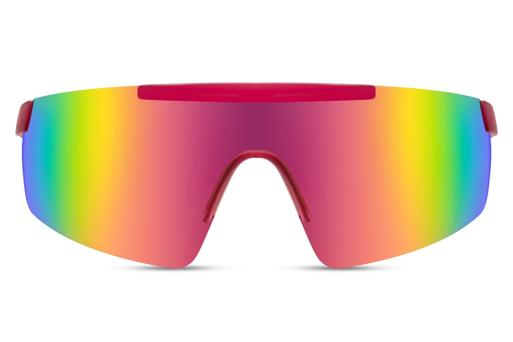 Simple cykelbriller i lilla gradient glas og rødt stel set fra fronten