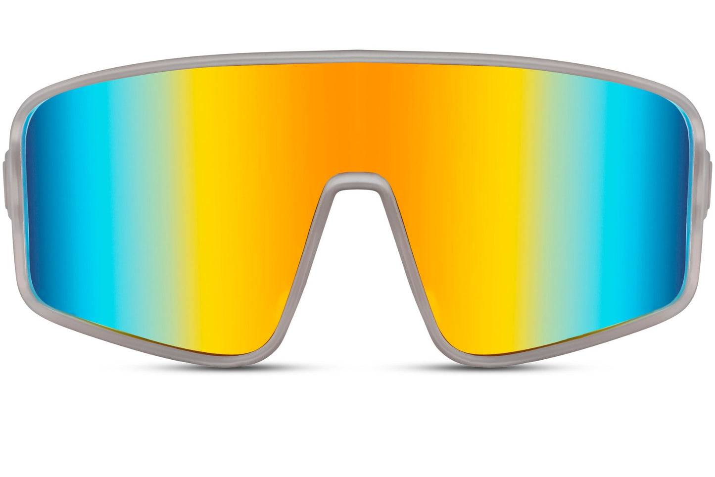 Simple cykelbriller med orange og blå glas set fra fronten