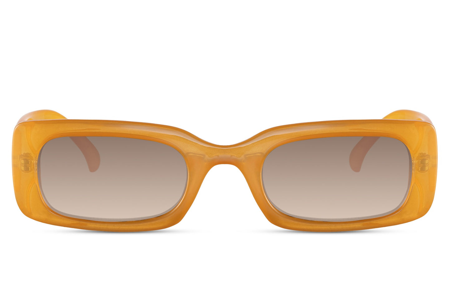 Simple rektangulære hurtigbriller med grå glas og orange stel set fra fronten