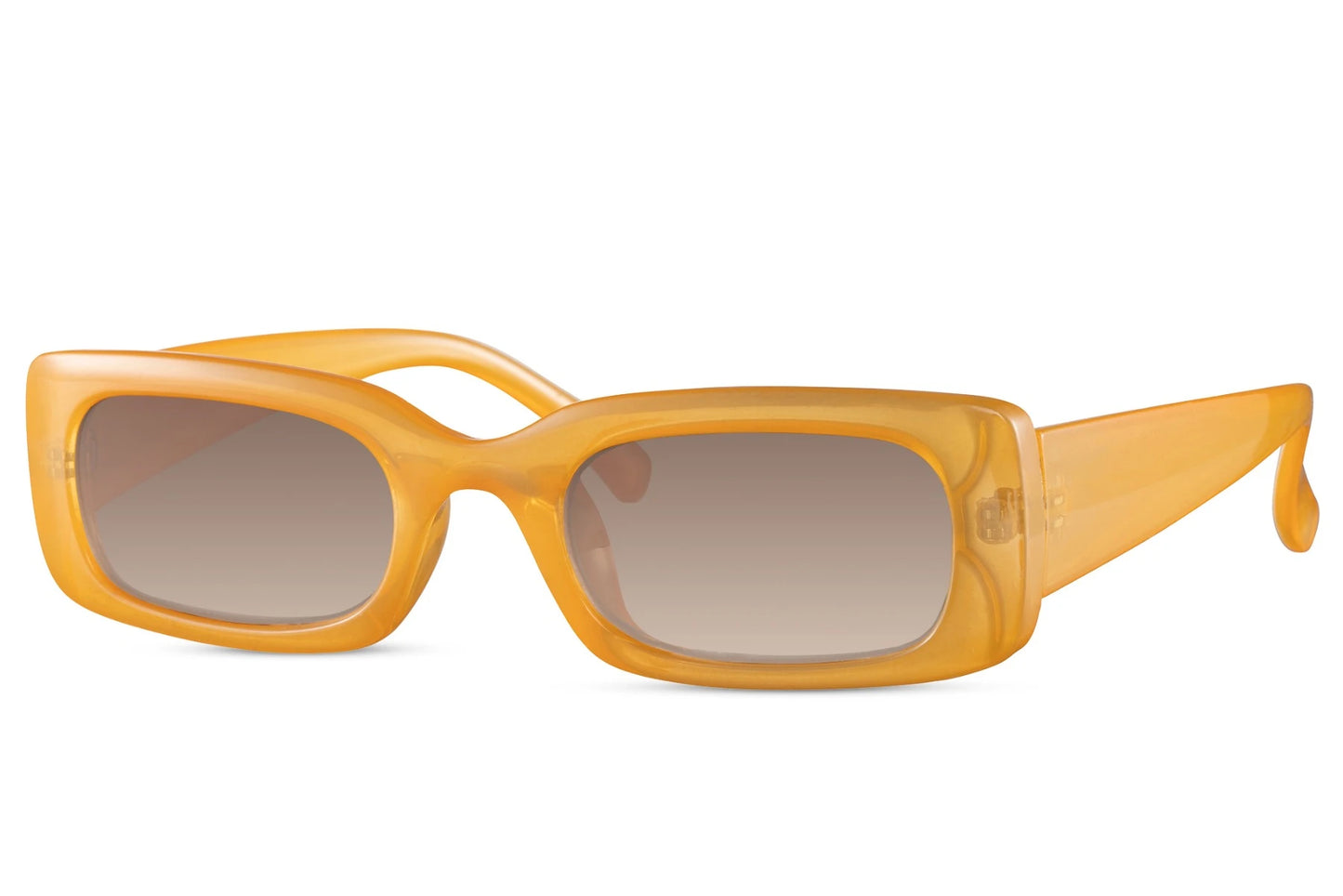 Simple rektangulære hurtigbriller med grå glas og orange stel set fra siden