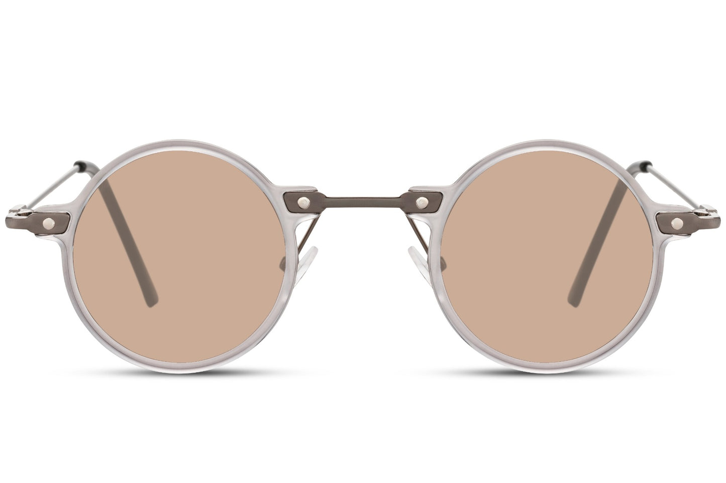 Små runde solbriller til udklædning med brune glas og tyndt stel set fra fronten