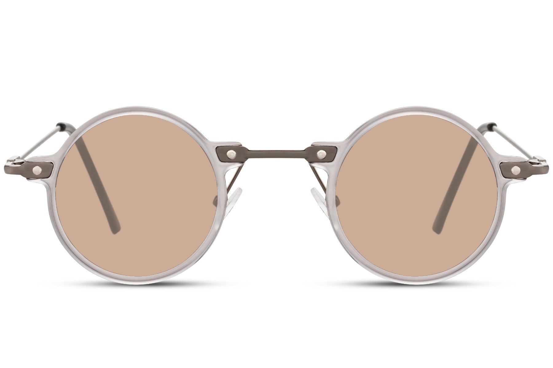 Små runde solbriller til udklædning med brune glas og tyndt stel set fra fronten