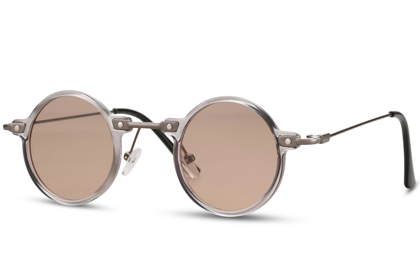Små runde solbriller til udklædning med brune glas og tyndt stel set fra siden