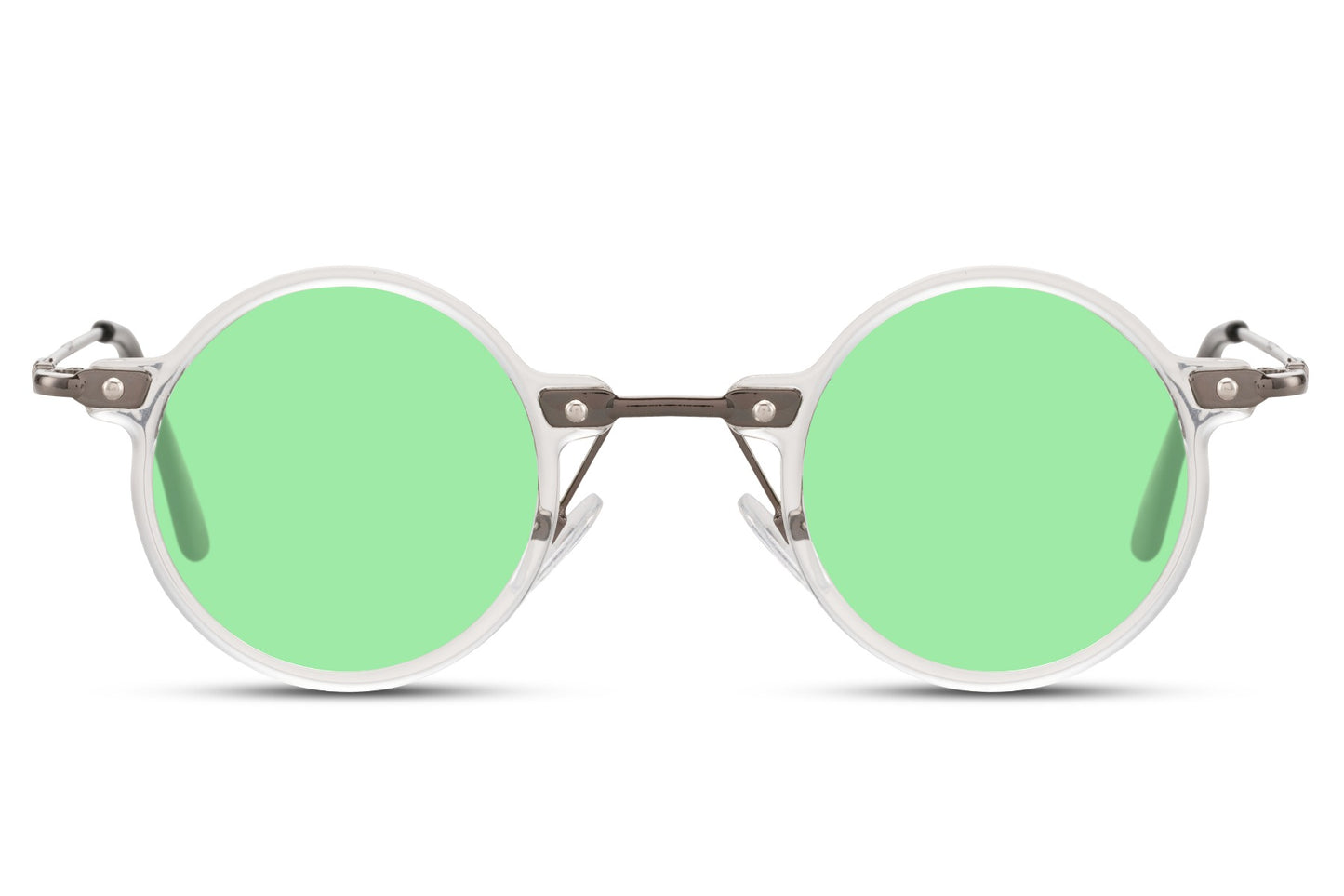 Små runde solbriller til udklædning med grønne glas og tyndt hvidt stel set fra fronten