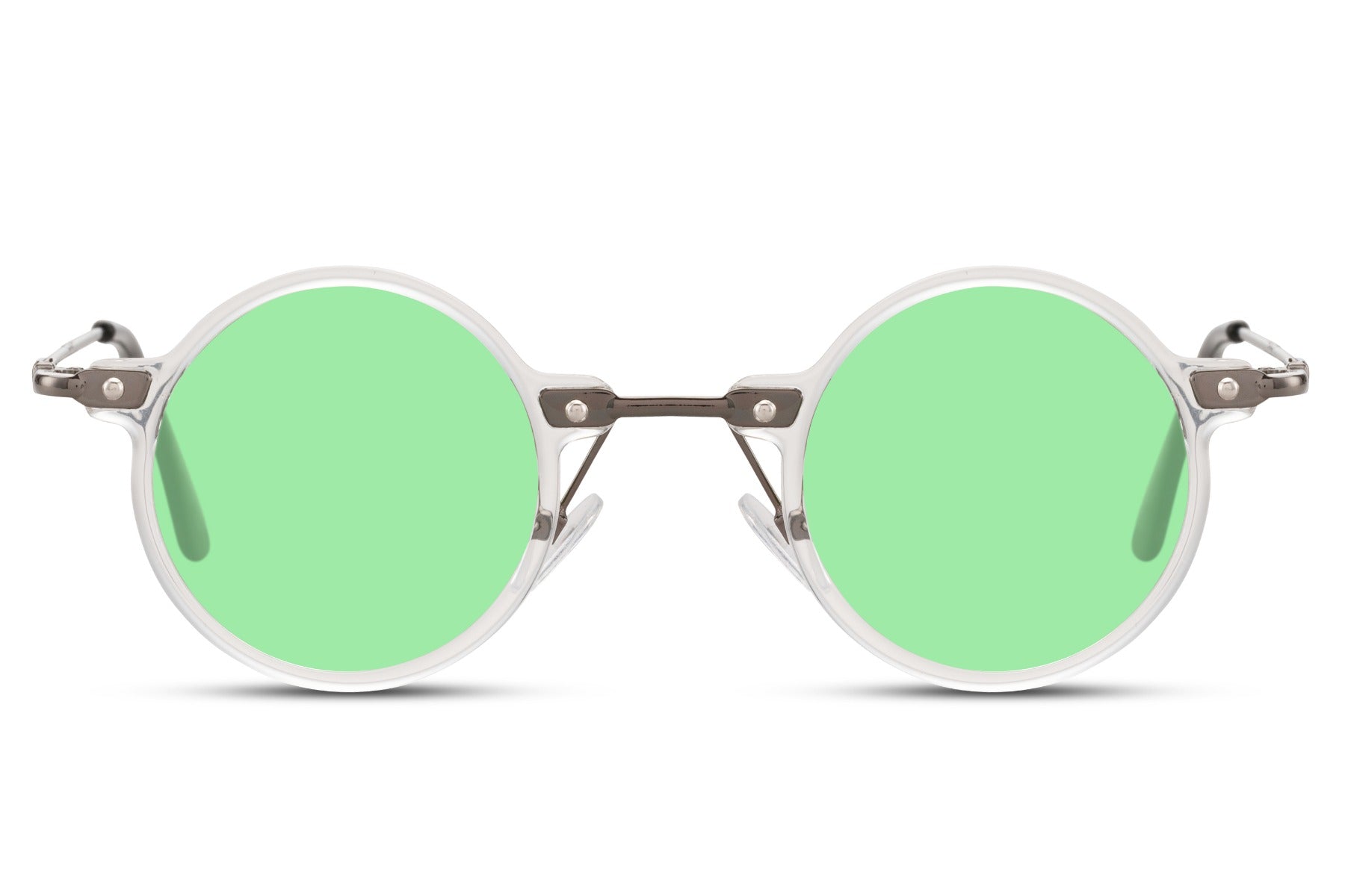 Små runde solbriller til udklædning med grønne glas og tyndt hvidt stel set fra fronten