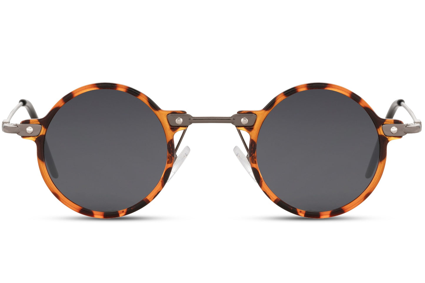 Små runde solbriller til udklædning med sorte glas og tyndt stel leopard set fra fronten