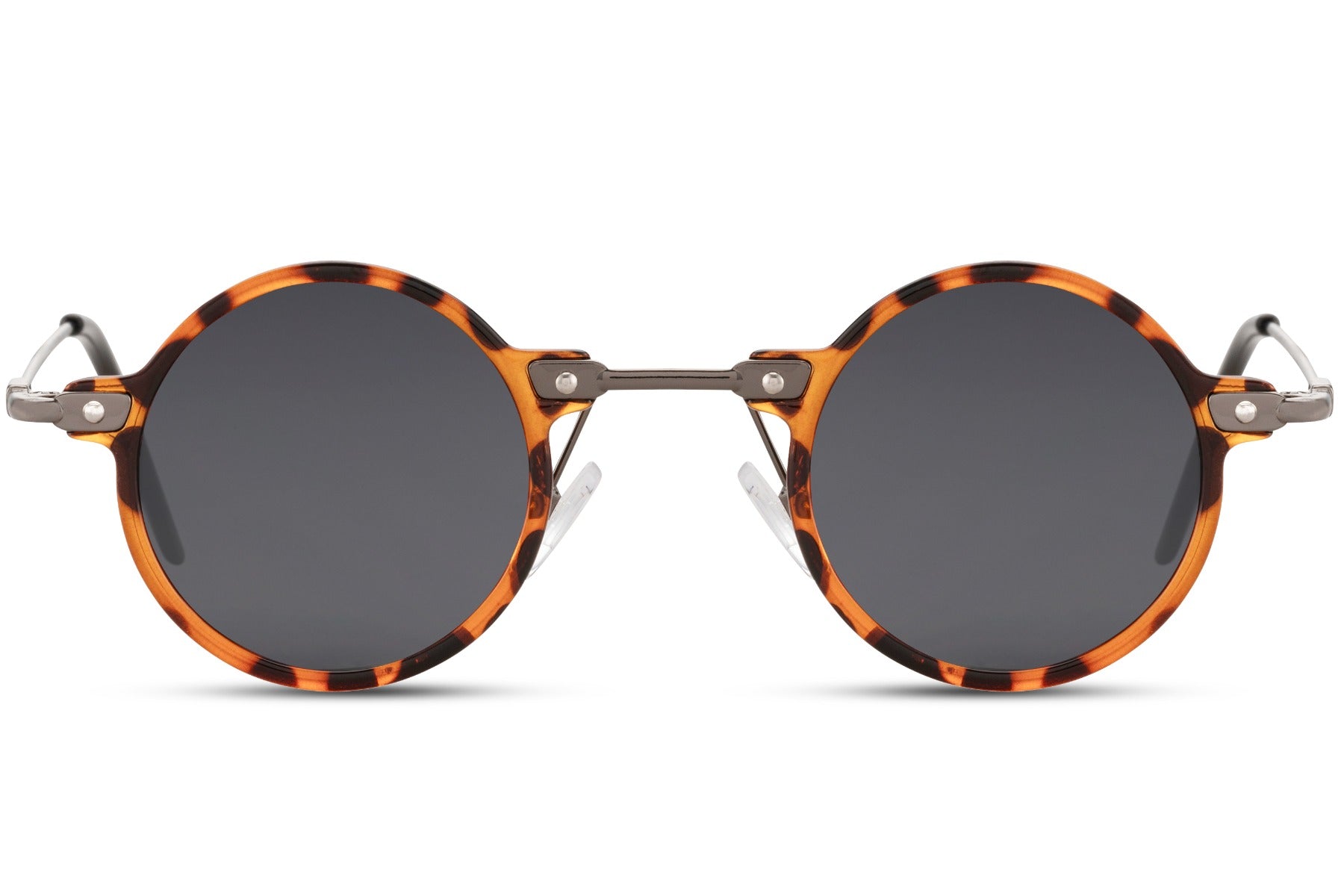 Små runde solbriller til udklædning med sorte glas og tyndt stel leopard set fra fronten