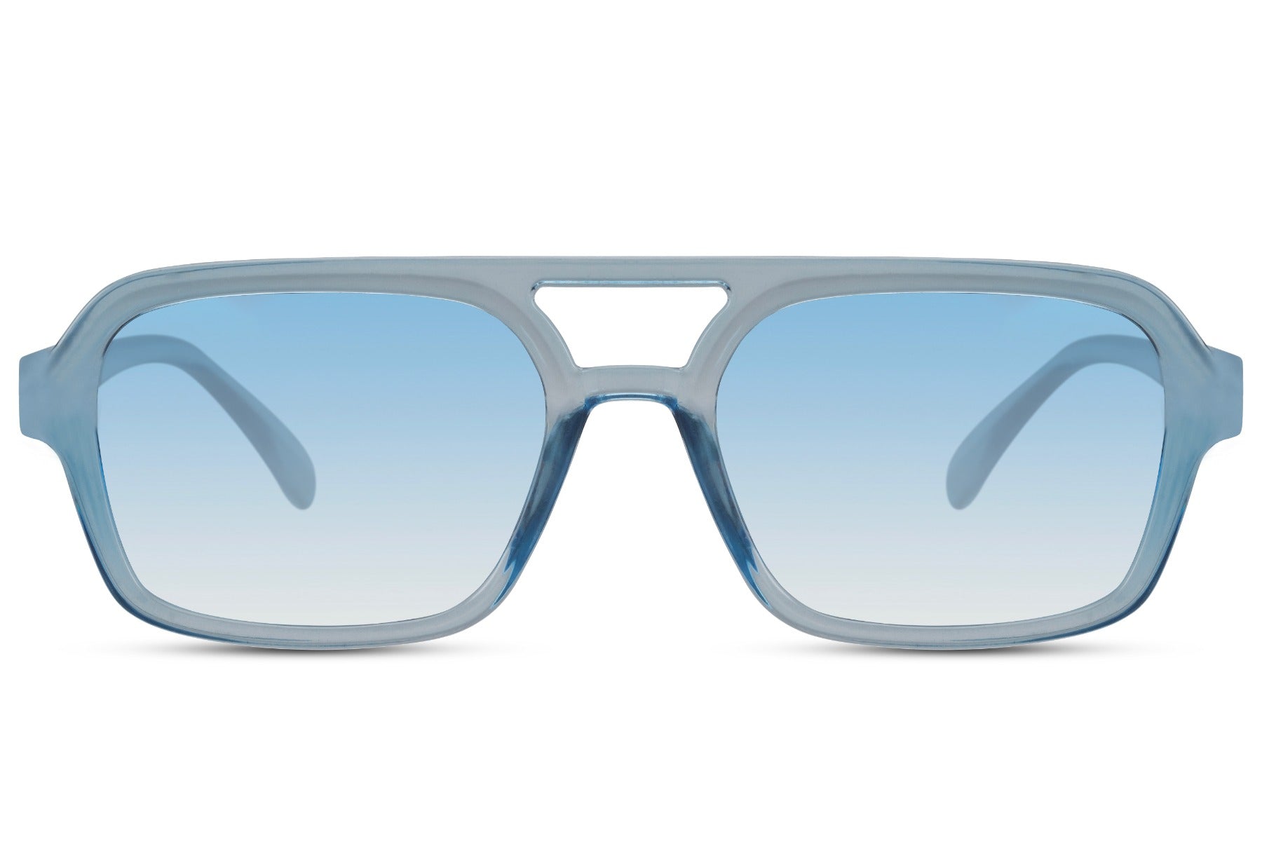 Solbriller med dobbelt bro i blå glas og blåt stel set fra fronten