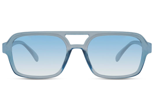 Solbriller med dobbelt bro i blå glas og blåt stel set fra fronten