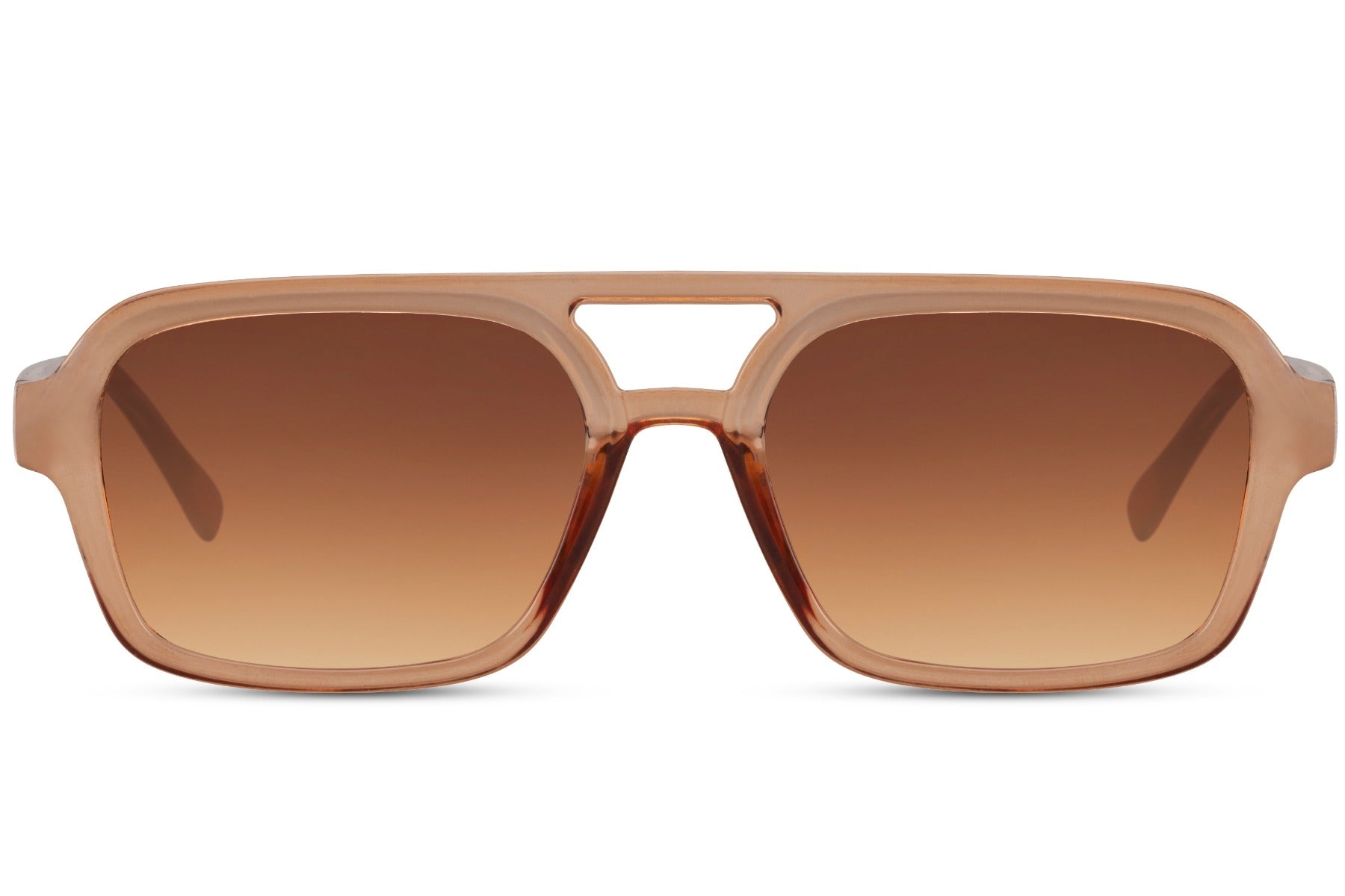 Solbriller med dobbelt bro i brune glas og brunt stel set fra fronten