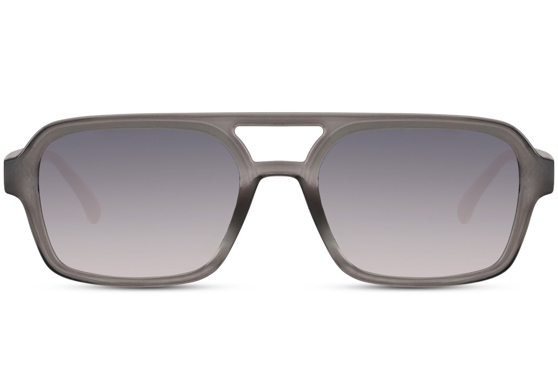 Solbriller med dobbelt bro i grå glas og gråt stel set fra fronten