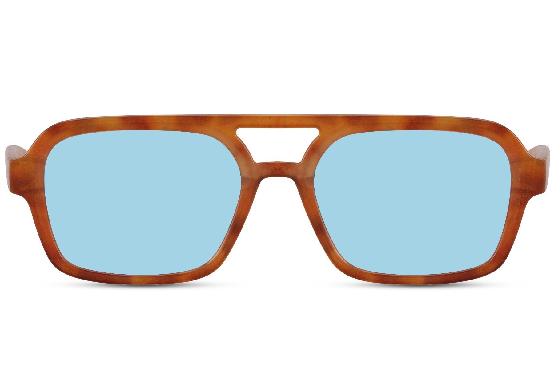 Solbriller med dobbelt bro i blå glas og leopard stel set fra fronten