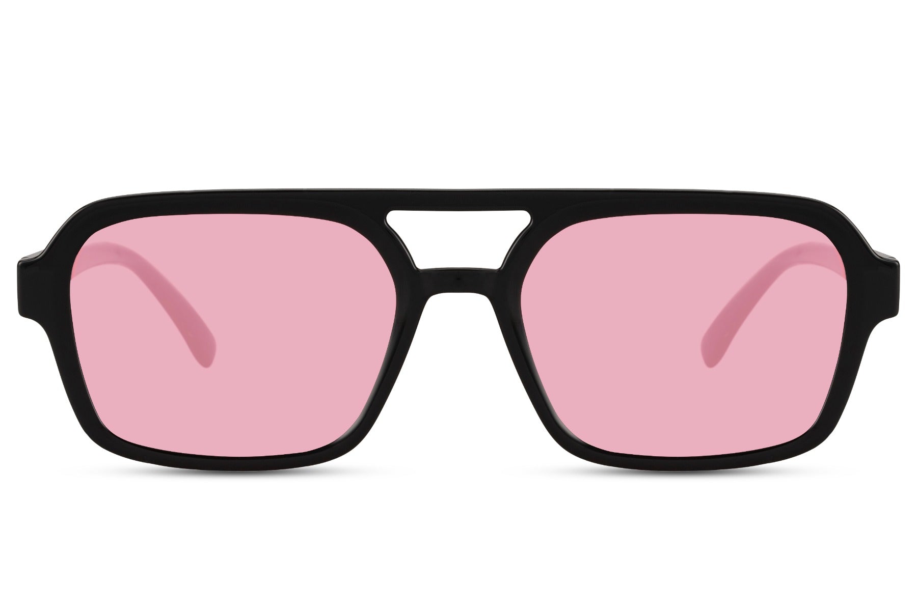 Solbriller med dobbelt bro i pink glas og sort stel set fra fronten