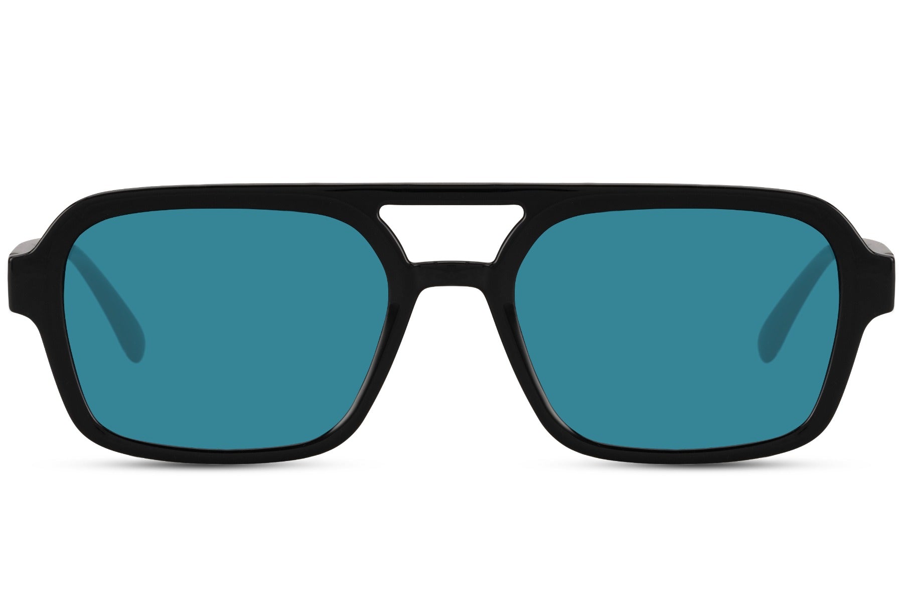 Solbriller med dobbelt bro i blå glas og sort stel set fra fronten