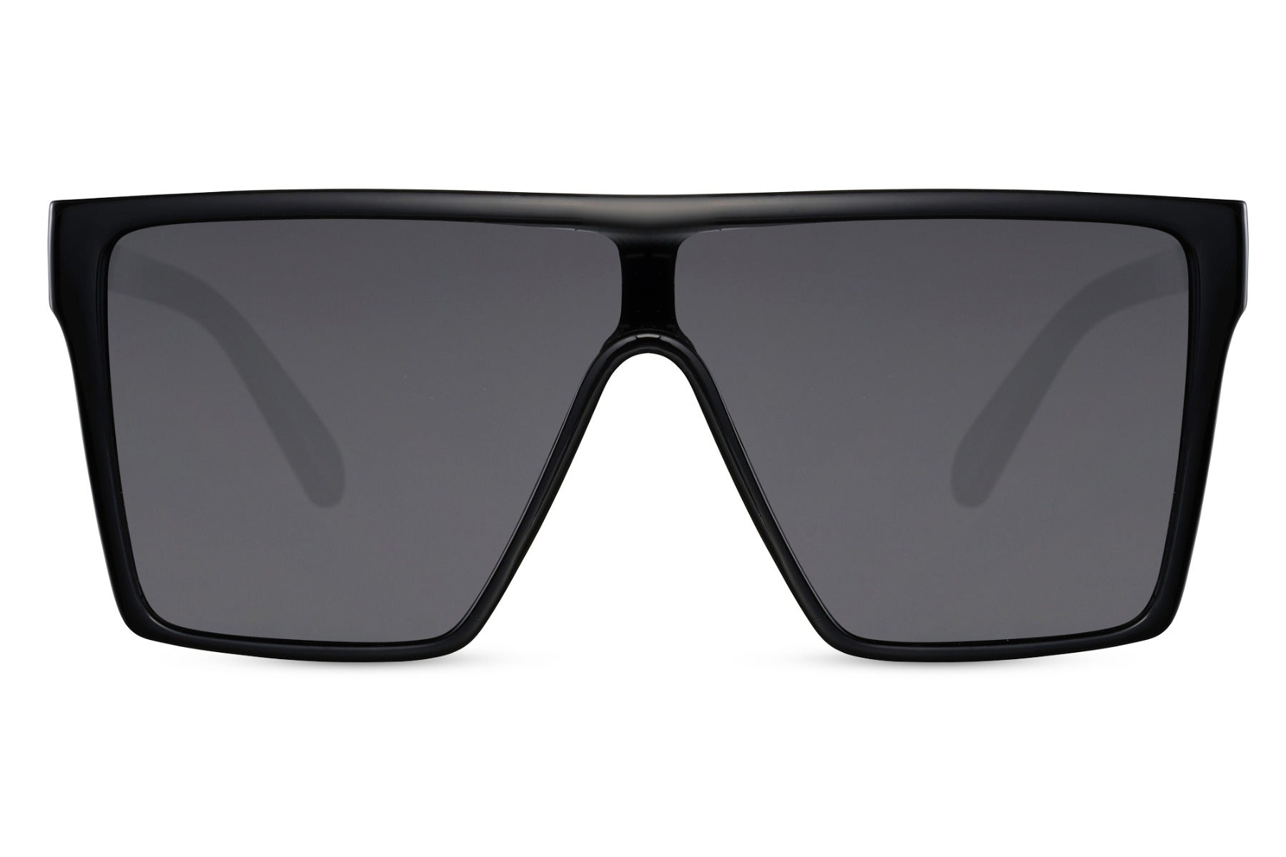 Fede solbriller med store sorte glas i tyndt sort stel set fra fronten