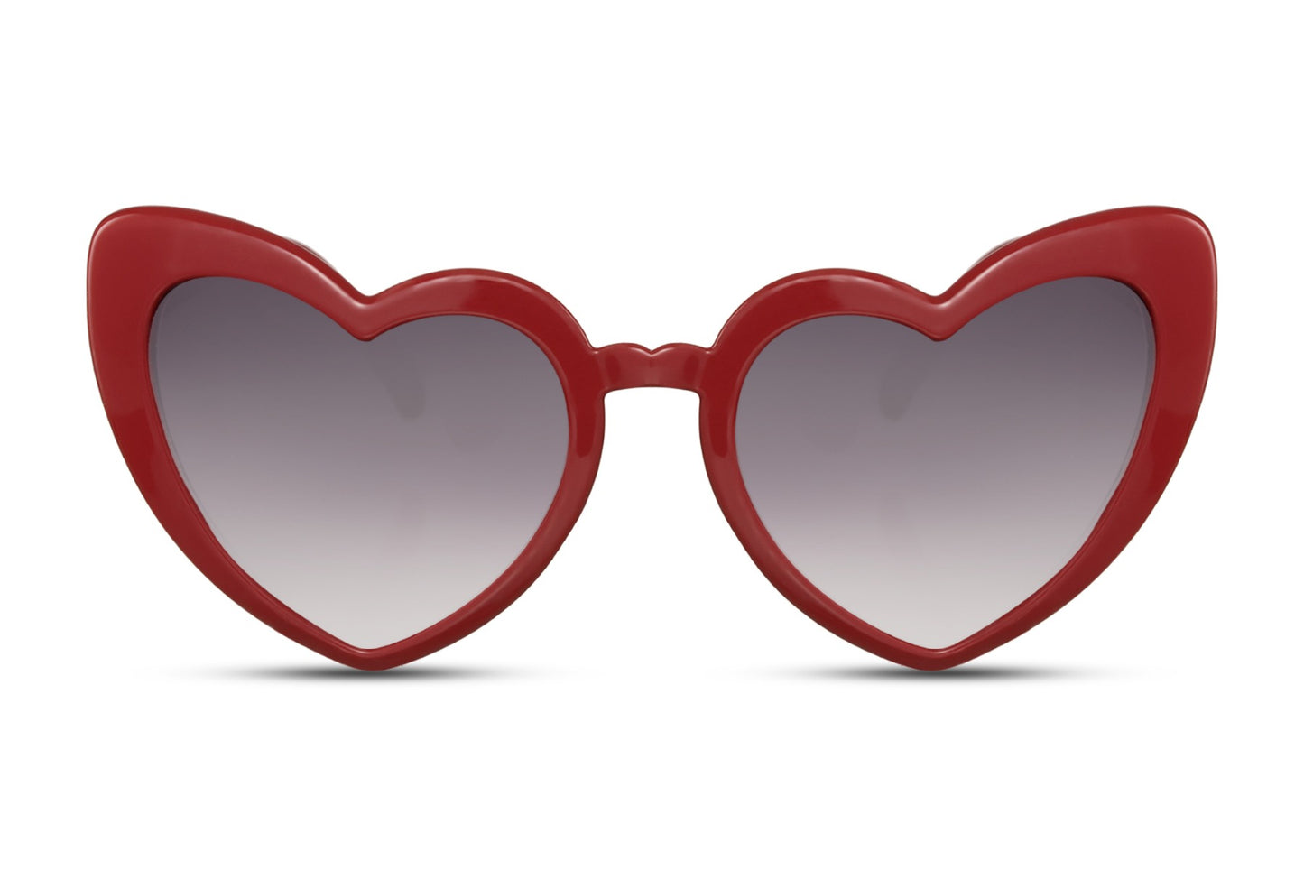 Spidse hjerte briller med grå glas og rødt stel set fra fronten