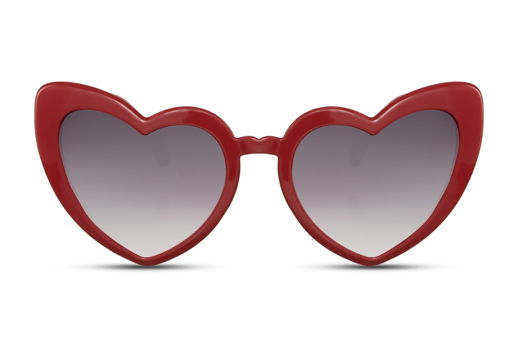 Spidse hjerte briller med grå glas og rødt stel set fra fronten