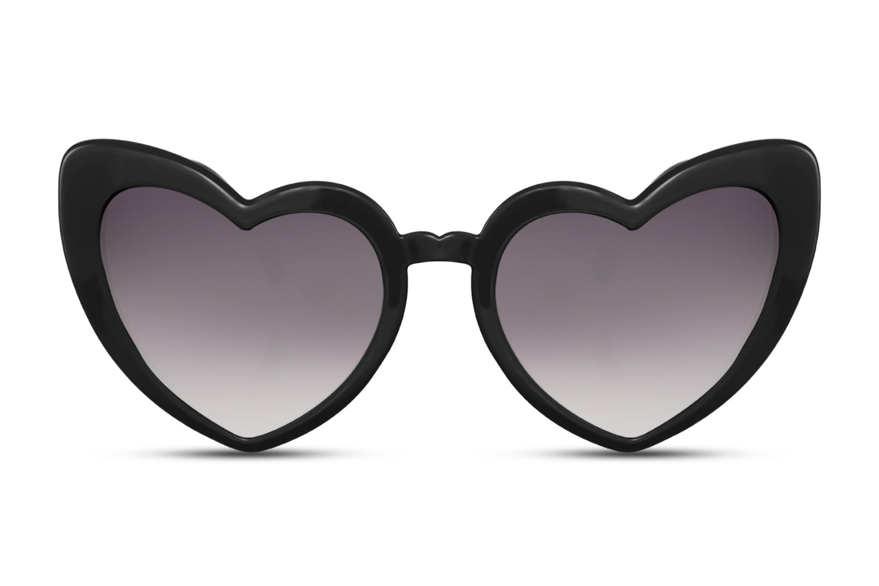 Spidse hjerte briller med grå glas og sort stel set fra fronten