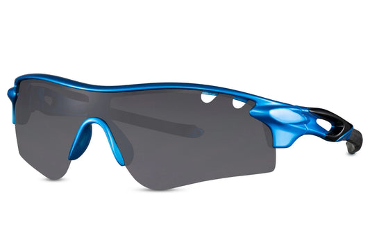 Sports hurtigbriller med sorte glas og blåt stel set fra siden