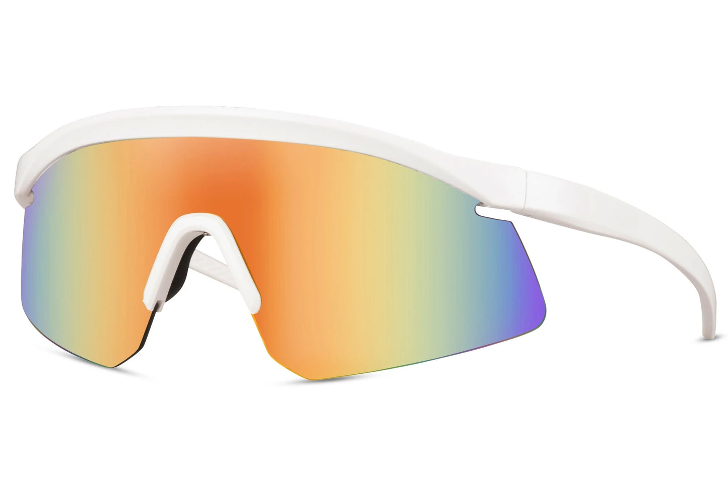 Bøjede sportsbriller til cykling og løb med spids kant og gule glas set fra siden