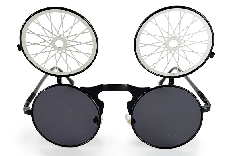 Steampunk solbriller med flip up i sort med flip up oppe