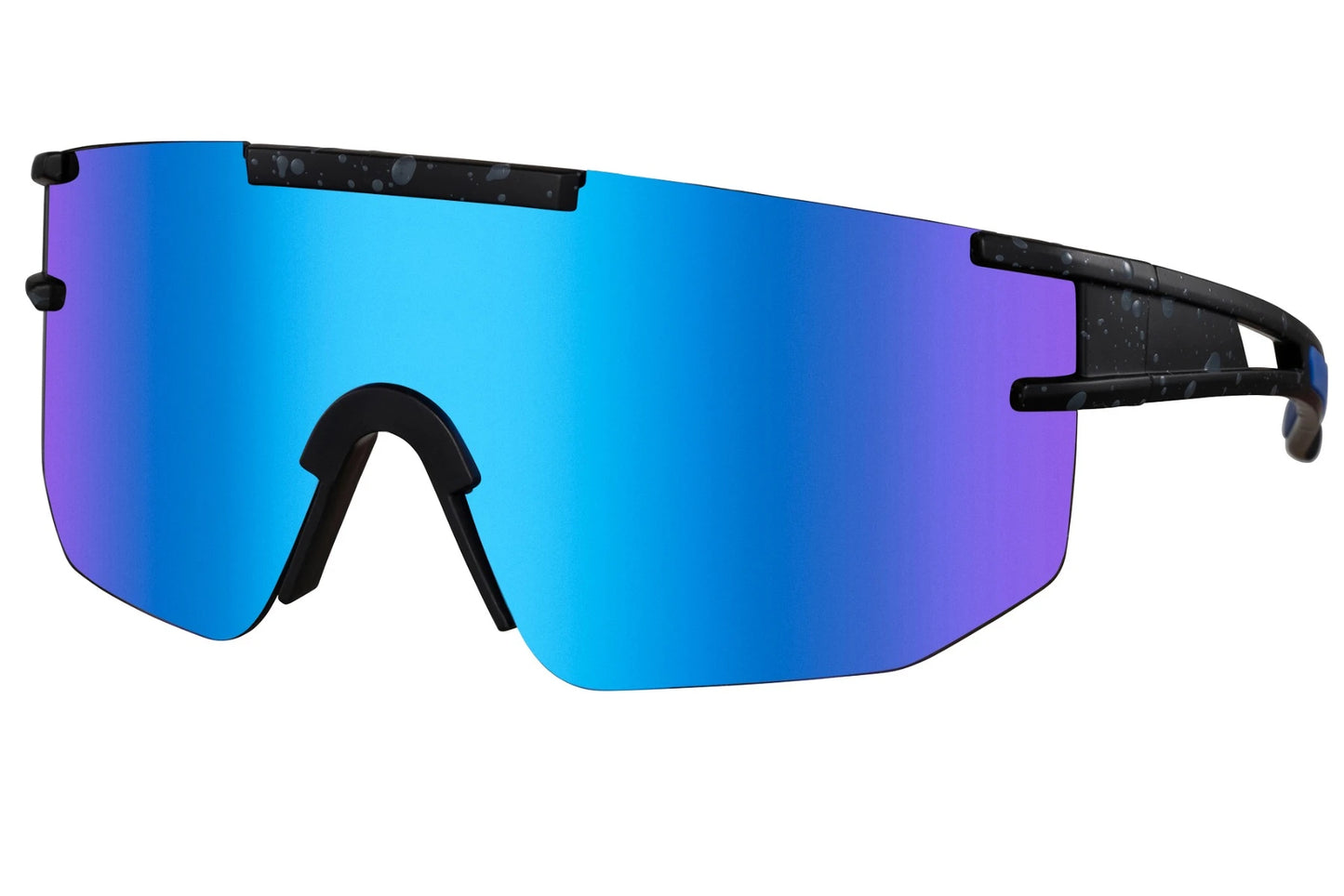 Store cykelbriller med brede blå og lilla glas set fra siden