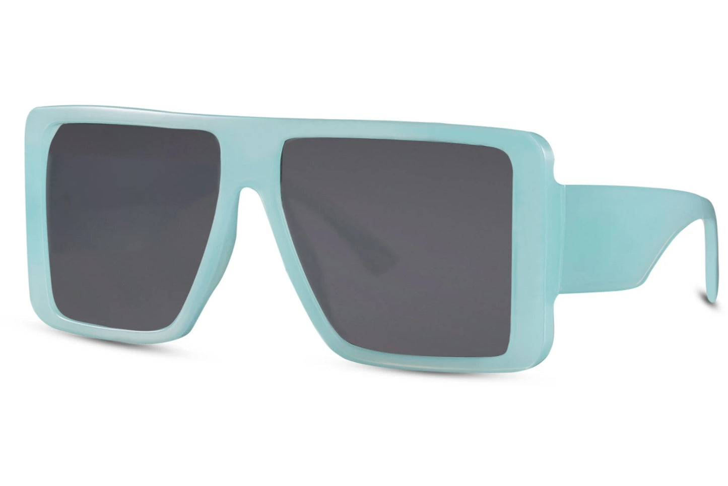 Store firkantede solbriller med grå glas og lyseblåt stel set fra siden
