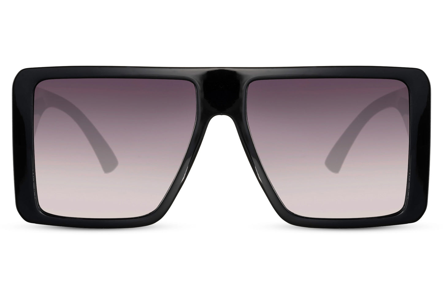 Store firkantede solbriller med lilla glas og sort stel set fra fronten
