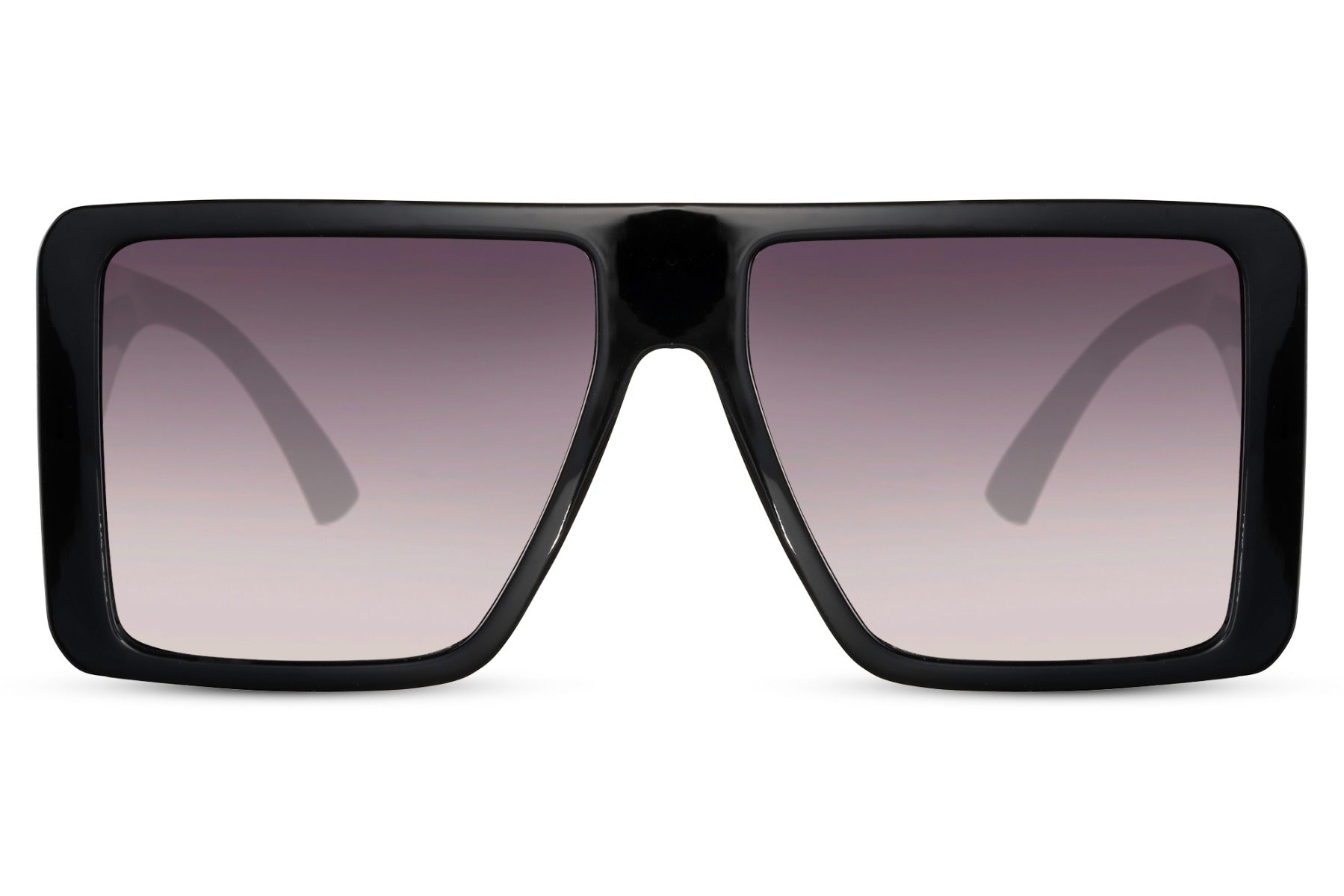Store firkantede solbriller med lilla glas og sort stel set fra fronten