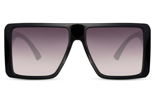 Store firkantede solbriller med lilla glas og sort stel set fra fronten
