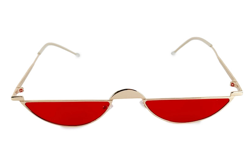 Super smalle hurtigbriller med halvt glas i rød med guld stel set fra fronten